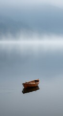 AI-Generated of Negative Space Minimalist Landscape with Lonely Wooden Boat on Calm Water in Mist