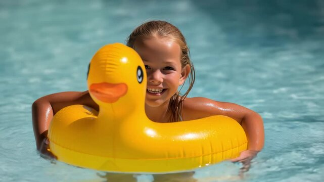 Happy child having fun on summer vacation. Kid playing with rubber duck in swimming pool. Spring break. Little girl in pool on summer vacation