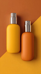 Two sleek bottles a yellow one and an orange one standing on a brown and orange background