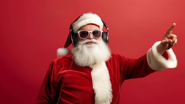 A festive image shows Santa Claus jamming out with headphones and sunglasses against a red background. He is wearing his traditional red suit and points up, bringing a modern twist to the holiday