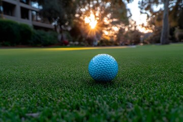 Naklejka premium Sunset Golf Scene: Blue Golf Ball on Lush Green Course for Sports and Leisure Design