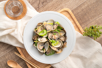 Fried Loofah gourd with Clam, Taiwanese homemade local food.