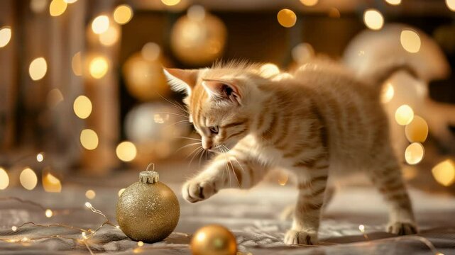 A cute ginger kitten is playfully batting at a gold Christmas ornament. Soft bokeh of warm lights glow in the background, setting a festive scene. The animal is the main subject of this composition.