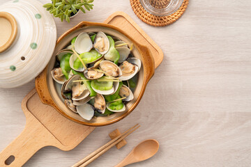 Fried Loofah gourd with Clam, Taiwanese homemade local food.