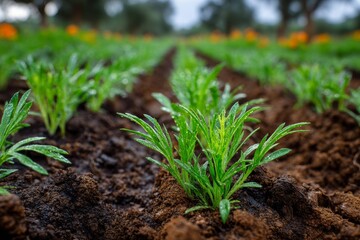 Rows of Young Green Seedlings Sprouting in a Farming Field with Loamy Soil