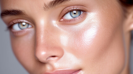 Fototapeta premium Close-up of a woman’s face with dewy skin and blue eyes