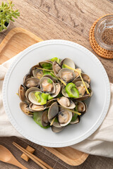 Fried Loofah gourd with Clam, Taiwanese homemade local food.
