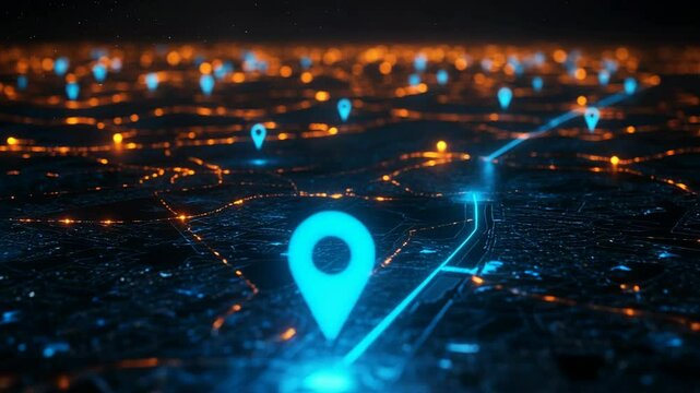 Aerial drone shot of a technological 3d representation of a GPS map with pointers and roads with different lights, science and high technology