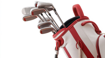 Stylish golf bag with clubs on a white background