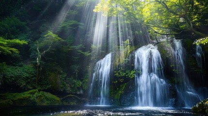 Fototapeta premium Sunlight streams through lush foliage onto a serene waterfall