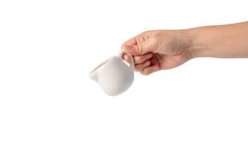 Small glass bottle with a pouring pattern. The glass bottle is a cloudy white color with a hand holding it on transparent background.