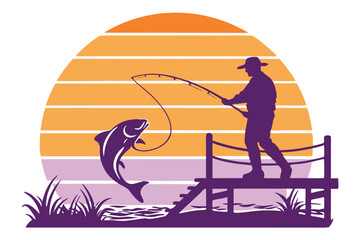 Retro 80s fisherman silhouette with jumping fish illustration