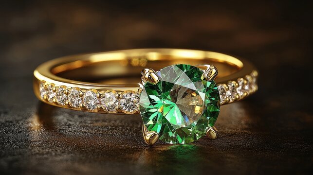 Jewelry with gemstones luxury gold ring with Chrysolite on a dark brown background