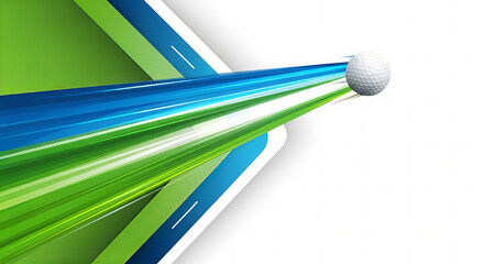 Dynamic golf sport background design with motion effect showing golf ball flying through blue and green streaks on white background, creating sense of speed and energy