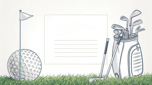 Golf ball with flag and golf bag with clubs on grass with blank card for text, clean invitation layout featuring line art golf equipment for event or announcement