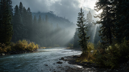 A river flows through a forest with sun rays breaking through the trees and fog in the background