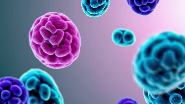 Colorful 3D animation of microscopic organisms, including viruses and bacteria, floating and interacting in a scientific environment. High-detail visualization of biological cells in motion,