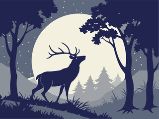 Deer Silhouette Under Full Moon in Forest