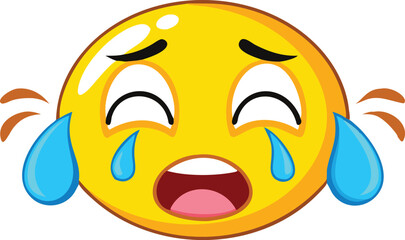 Cartoon crying face emoji with big tears vector illustration