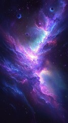 A vivid fantasy space illustration featuring a beautiful galaxy with planets, asteroids, and stars against a colorful nebula background, showcasing celestial scenes in deep space with vibrant purple, 