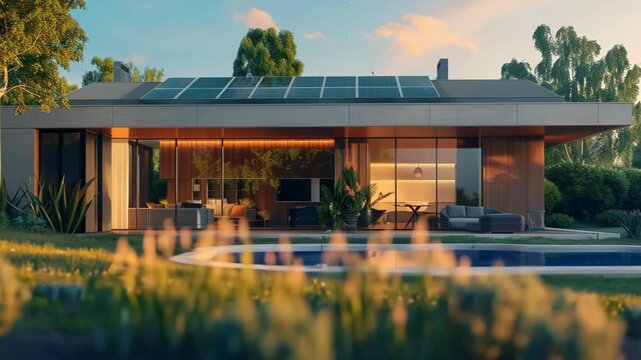 Long wide-angle video shot of a solar powered home with a green conservative scenery, beautiful peaceful wildlife, energy innovation