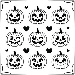 This orange halloween set features a seamless vector pattern of spooky pumpkin faces, perfect for an autumn holiday celebration