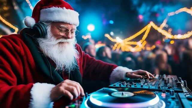 Santa claus dj mixing holiday tunes at a festive christmas party.