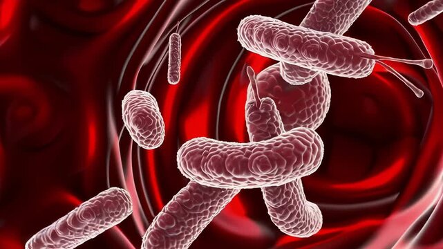3D rendering of red blood cells flowing through a blood vessel. The scene shows the dynamic movement of erythrocytes within a vein or artery, representing circulation, human biology, and the cardiovas