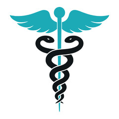 Stylized caduceus medical symbol in black and turquoise