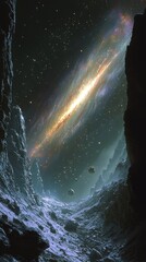 A vivid fantasy space illustration featuring a beautiful galaxy with planets, asteroids, and stars against a colorful nebula background, showcasing celestial scenes in deep space with vibrant purple, 
