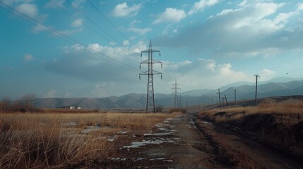 Obraz premium Rural landscape with power lines stretching across a dirt road