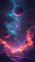 A vivid fantasy space illustration featuring a beautiful galaxy with planets, asteroids, and stars against a colorful nebula background, showcasing celestial scenes in deep space with vibrant purple, 