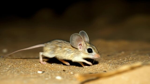 Desert rodent leaping across sandy terrain at night