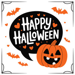 Happy Halloween card with spooky pumpkin for autumn holiday night celebration featuring a scary cartoon face and bats design