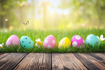 Easter day, wooden table on a background with eggs in the lawn on a sunny day
