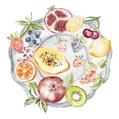 Watercolor illustration of assorted fruits and berries arranged on a plate. Includes blackberries, strawberries, kiwi, lemon, and pomegranate. Top view, isolated on white background.