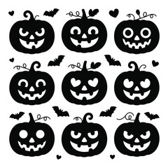This autumn holiday set features a vector illustration of scary and fun orange Halloween pumpkins with carved faces, perfect for spooky celebration designs