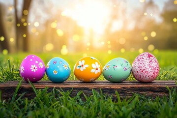 Easter day, wooden table on a background with eggs in the lawn on a sunny day