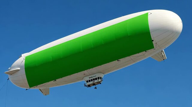 Airship with green screen ad space flies in blue sky for advertisement