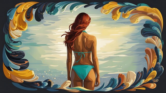 Back view of a woman in a bikini standing on the beach, Woman in teal bikini, ocean view, framed art