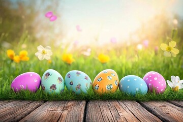 Easter day, wooden table on a background with eggs in the lawn on a sunny day