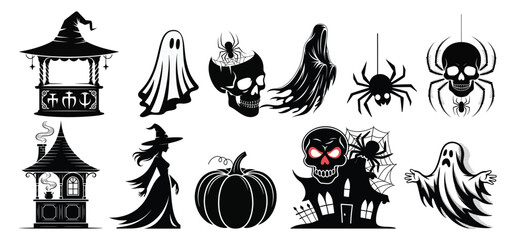 Halloween vector set illustration with spooky pumpkin, black cat silhouette, ghost, bat, witch hat icons for autumn holiday design