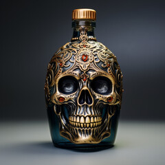 A Stunning Decorative Skull Bottle with Intricate Design and Rich Colors, Perfect for Halloween Decor or Unique Display Item