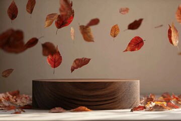 Natural wood podium with falling autumn leaves in front of beige background. Fall season, thanksgiving and seasonal home decor scene. Premium brand product placement showroom stage.
