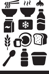 Black and white silhouette food icons noodles bread and bottle