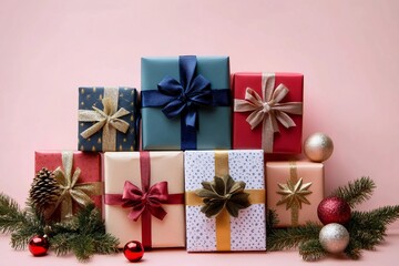 Festive christmas new year background colorful gift boxes and holiday decorations on pink background. New Year's present and Christmas present top view
