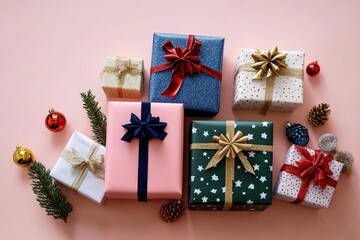 Festive christmas new year background colorful gift boxes and holiday decorations on pink background. New Year's present and Christmas present top view
