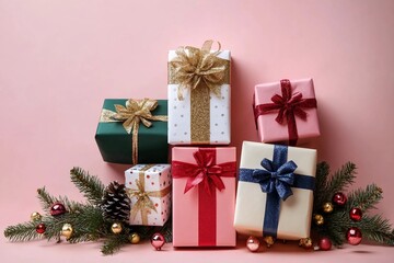 Festive christmas new year background colorful gift boxes and holiday decorations on pink background. New Year's present and Christmas present top view
