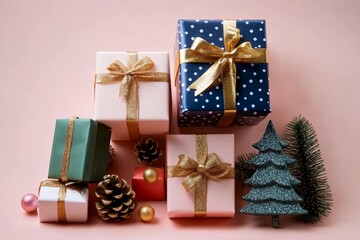 Festive christmas new year background colorful gift boxes and holiday decorations on pink background. New Year's present and Christmas present top view
