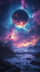 A vivid fantasy space illustration featuring a beautiful galaxy with planets, asteroids, and stars against a colorful nebula background, showcasing celestial scenes in deep space with vibrant purple, 